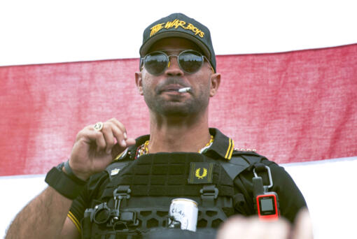 FILE - Proud Boys leader Henry "Enrique" Tarrio wears a hat that says The War Boys during a rally in Portland, Ore., Sept. 26, 2020. Federal prosecutors have rested their seditious conspiracy case against former Proud Boys leader Enrique Tarrio and four lieutenants charged with plotting to stop the peaceful transfer of presidential power from Donald Trump to Joe Biden after the 2020 election. Jurors will hear testimony by defense witnesses before they begin deliberating.