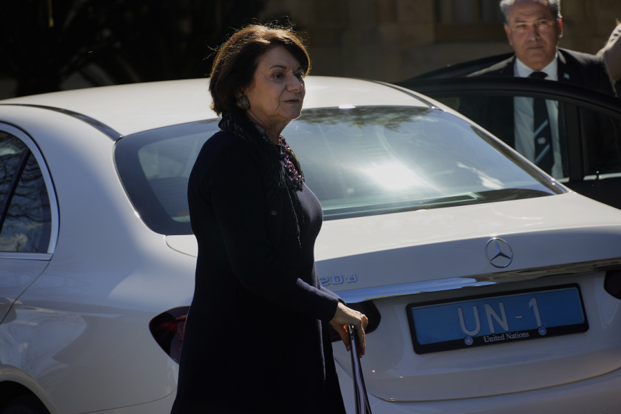 U.N. Under-Secretary-General for Political and Peacebuilding Affairs Rosemary DiCarlo arrives at the presidential palace for a meeting with Cyprus' President Nikos Christodoulides, in divided capital Nicosia, Cyprus, Wednesday, March 15, 2023. DiCarlo said the U.N. remains committed to helping rival Greek Cypriots and Turkish Cypriots reach an agreement remedying the island nation's ethnic cleave that has been the source of instability in the east Mediterranean for decades.