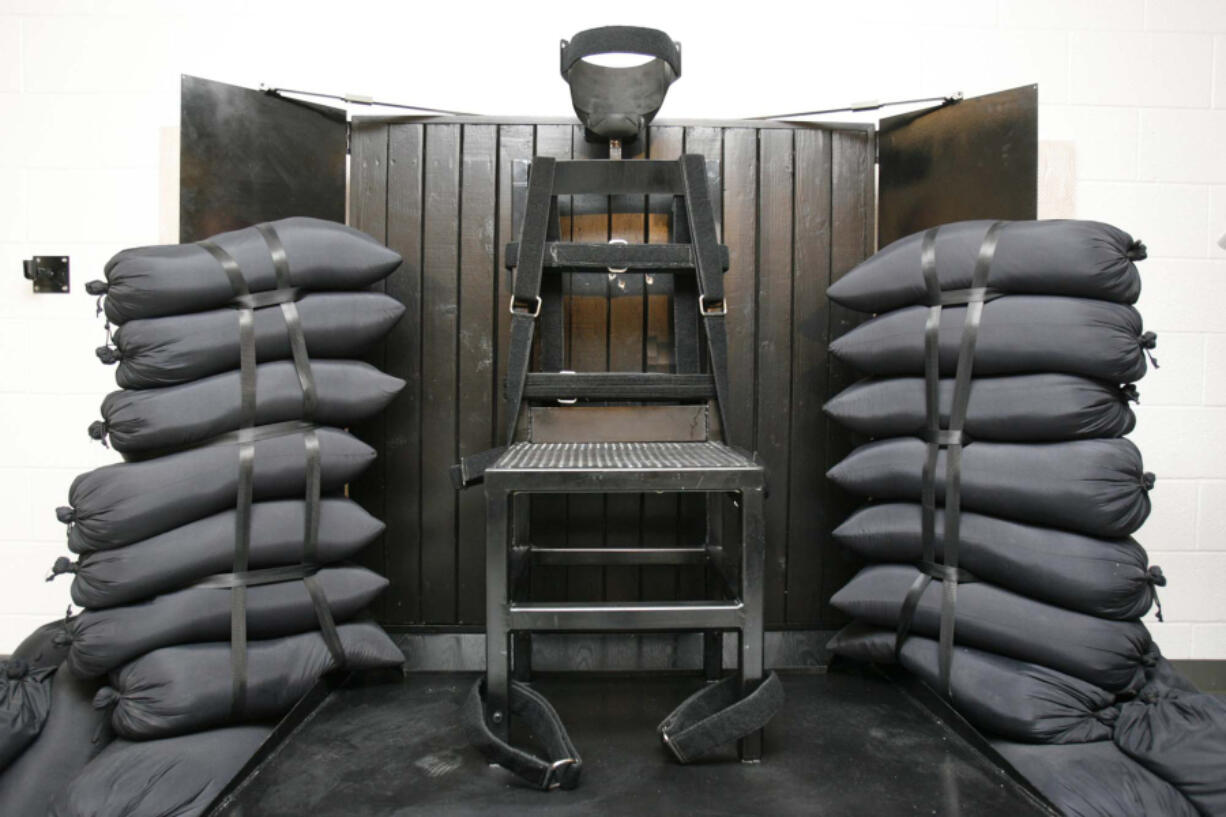 FILE - A chair sits in the execution chamber at the Utah State Prison on June 18, 2010, after Ronnie Lee Gardner was executed by firing squad in Draper, Utah. Idaho lawmakers passed a bill on March 20, 2023, that would authorize the use of firing squads if the state is unable to obtain drugs required for its lethal injection program. The bill will head to the desk of Idaho Gov. Brad Little next.