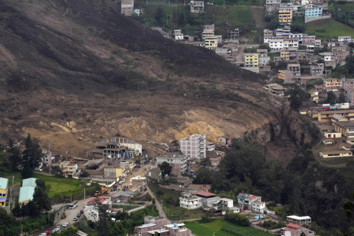 Some homes stand after a deadly landslide caused by heavy rains that buried dozens of homes in Alausi, Ecuador, Monday, March 27, 2023.