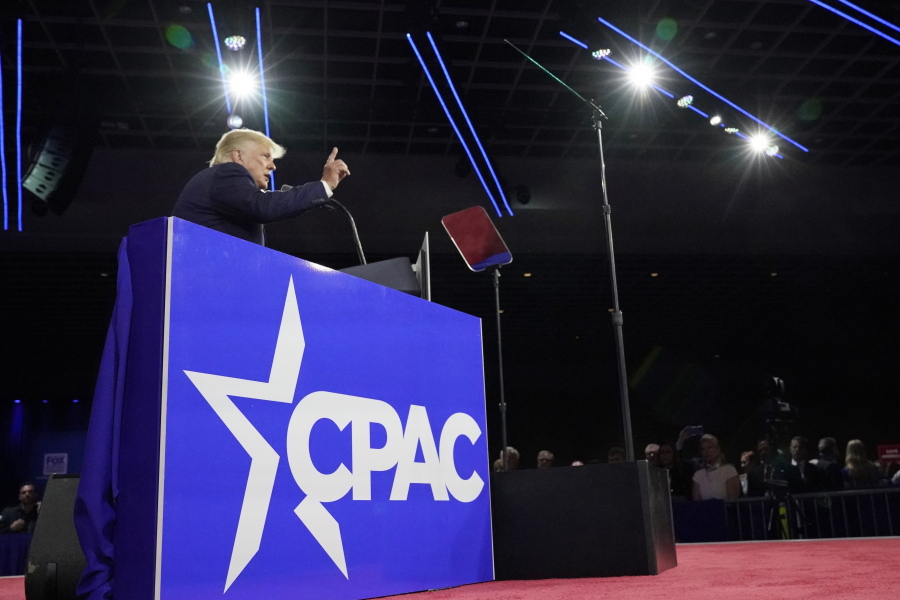 FILE - Former President Donald Trump, speaks at the Conservative Political Action Conference (CPAC) Feb. 26, 2022, in Orlando, Fla.