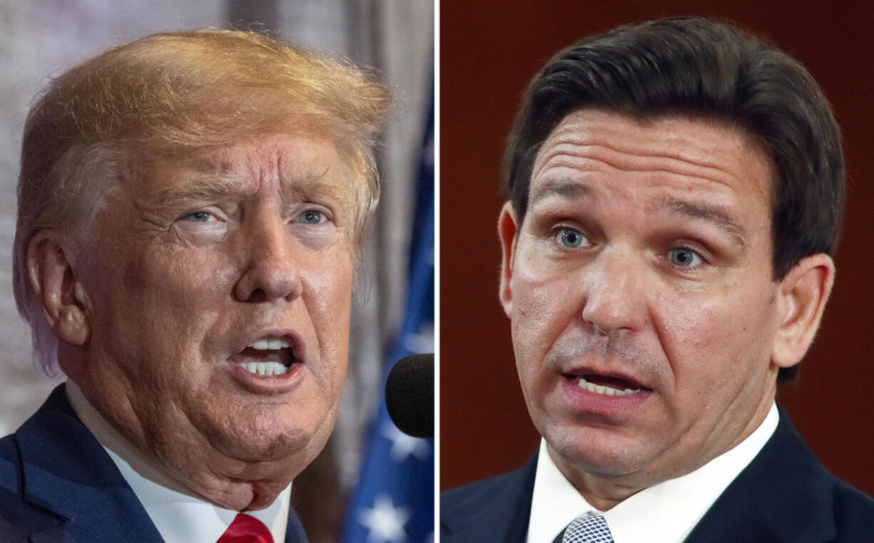 FILE - This combination of the photos shows former President Donald Trump, left, and Florida Gov. Ron DeSantis, right. DeSantis' allies are gaining confidence in his White House prospects as former President Donald Trump's legal woes mount. Trump, a 2024 Republican presidential candidate, is facing possible criminal charges in New York, Georgia and Washington. The optimism around DeSantis comes even as a collection of Republican officials and MAGA influencers raise concerns about the Florida governor's readiness for national stage.