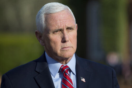 Former Vice President Mike Pence speaks to reporters before the MockCon event at University Chapel at Washington and Lee University Tuesday, March 21, 2023, in Lexington, Va. (Scott P.