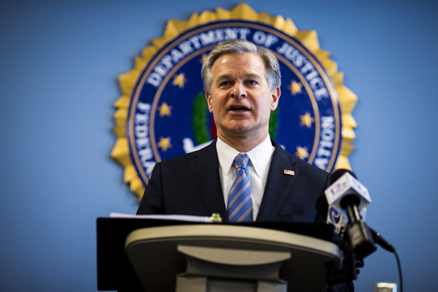 FBI Director Christopher Wray, speaks at the FBI Norfolk Field Office, Wednesday, Feb. 15, 2023, in Chesapeake, Va. (AP Photo/John C.