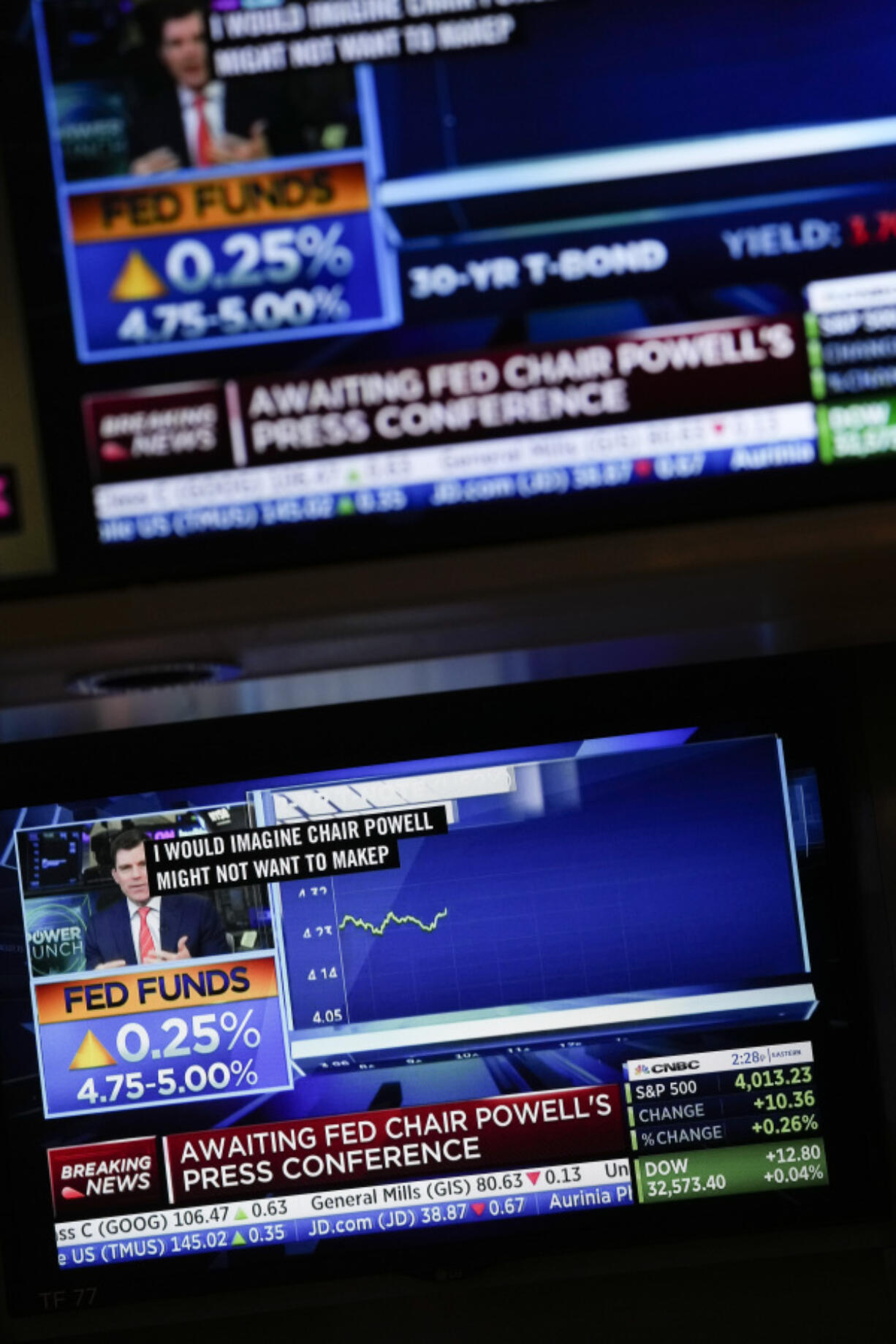 A display shows news about the interest rate while traders work on the floor at the New York Stock Exchange in New York, Wednesday, March 22, 2023.