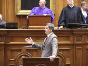 South Carolina Senate Majority Leader Shane Massey, R-Edgefield, speaks in favor of a bill that would limit the land holdings of foreign adversaries in the state on Wednesday, March 22, 2023, in Columbia, S.C.