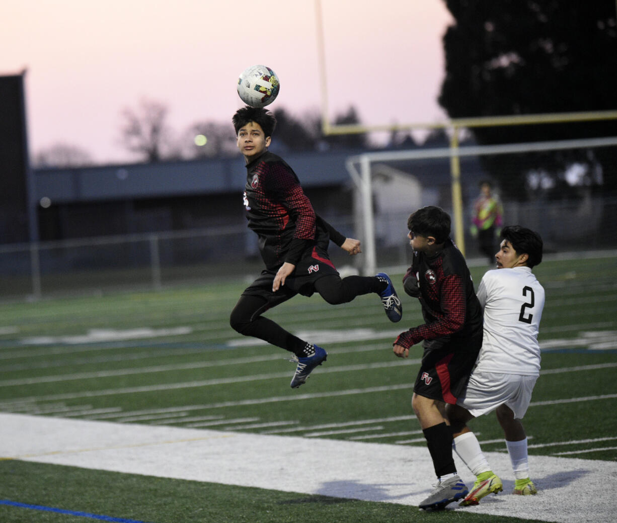 Edgar Sanchez Lopez of Fort Vancouver heads the ball during the Trappers’ 3-2 win over Hudson’s Bay on Thursday, March 16, 2023.