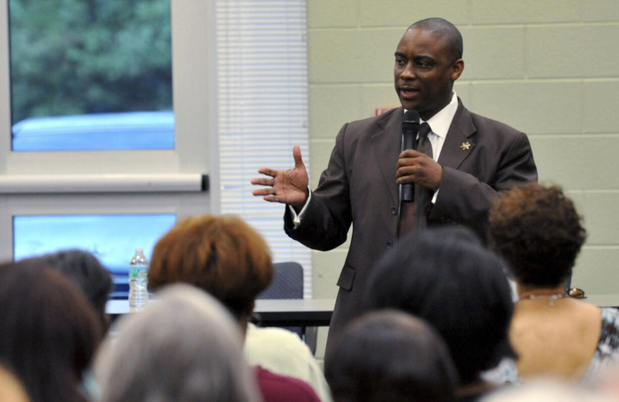 FILE - Former Clayton County Sheriff Victor Hill speaks at candidate forum in Rex, Ga, Aug. 16, 2012. The former Georgia sheriff convicted of violating the civil rights of people in his custody by unnecessarily strapping them into restraint chairs is set to be sentenced Tuesday, March 14, 2023, with prosecutors seeking several years in prison. (Kent D.