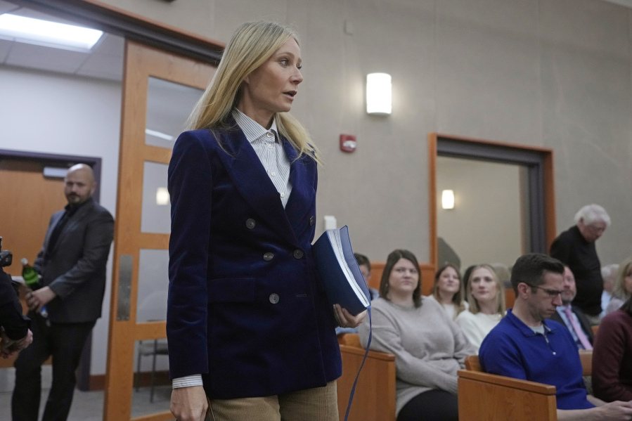 Gwyneth Paltrow enters the courtroom for her trial, Thursday, March 30, 2023, in Park City, Utah, where she is accused in a lawsuit of crashing into a skier during a 2016 family ski vacation, leaving him with brain damage and four broken ribs.
