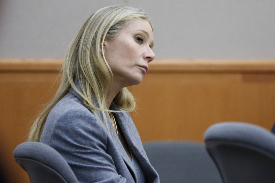 Gwyneth Paltrow sits in court during an objection by her attorney during her trial, Thursday, March 23, 2023, in Park City, Utah, where she is accused in a lawsuit of crashing into a skier during a 2016 family ski vacation, leaving him with brain damage and four broken ribs. Terry Sanderson claims that the actor-turned-lifestyle influencer was cruising down the slopes so recklessly that they violently collided, leaving him on the ground as she and her entourage continued their descent down Deer Valley Resort, a skiers-only mountain known for its groomed runs, apr?s-ski champagne yurts and posh clientele.