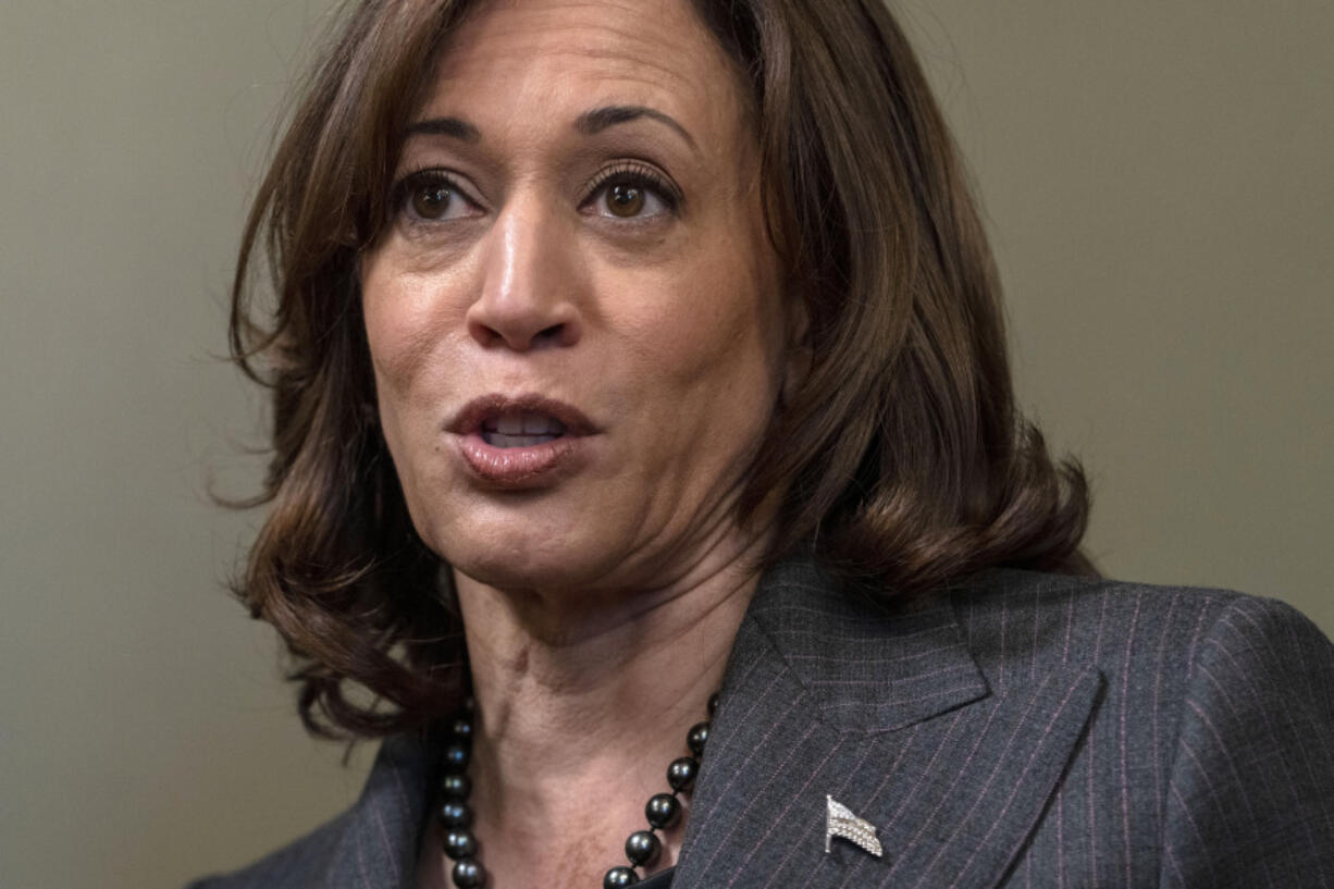 FILE - Vice President Kamala Harris answers a question about her upcoming trip to Africa, after swearing in Eric Garcetti as Ambassador to India, Friday, March 24, 2023, in her ceremonial office in the Eisenhower Executive Office Building on the White House complex in Washington.