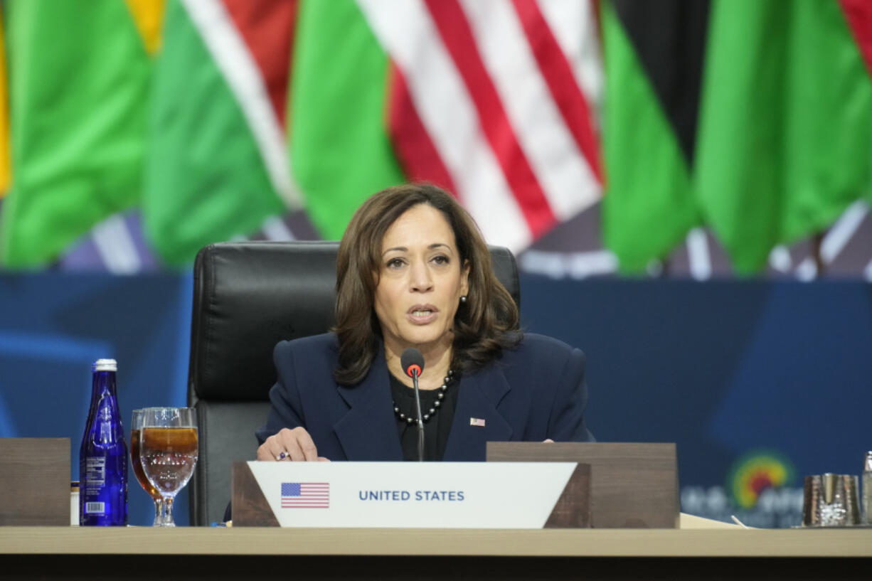 FILE - Vice President Kamala Harris speaks at a working lunch during the U.S. Africa Leaders Summit at the Walter E. Washington Convention Center in Washington, Dec. 15, 2022. Harris will try to deepen and reframe U.S. relationships in Africa during a weeklong trip that begins Saturday, the latest and highest profile outreach by the Biden administration as it moves to counter China's growing influence.