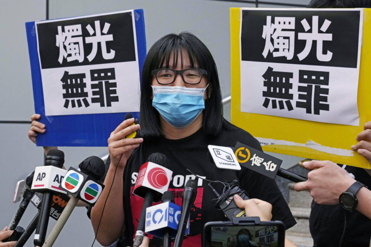 FILE - Chow Hang-tung, Vice Chairperson of the Hong Kong Alliance in Support of the Democratic Patriotic Movements of China, leaves after being released on bail at a police station in Hong Kong, June 5, 2021.