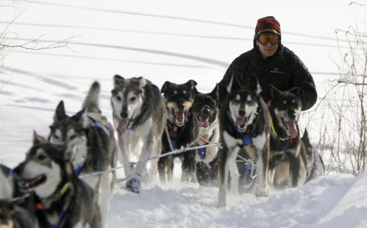 FILE - Martin Buser drives his team off of the Takotna River and into the Takotna, Alaska, checkpoint on the Iditarod Trail Sled Dog Race on March 11, 2009. Only 33 mushers will participate in the ceremonial start of the Iditarod on Saturday, March 4, the smallest field ever to take their dog teams nearly 1,000 miles (1,609 kilometers) over Alaska's unforgiving wilderness. This year's lineup is smaller even than the 34 mushers who lined up for the very first race in 1973.