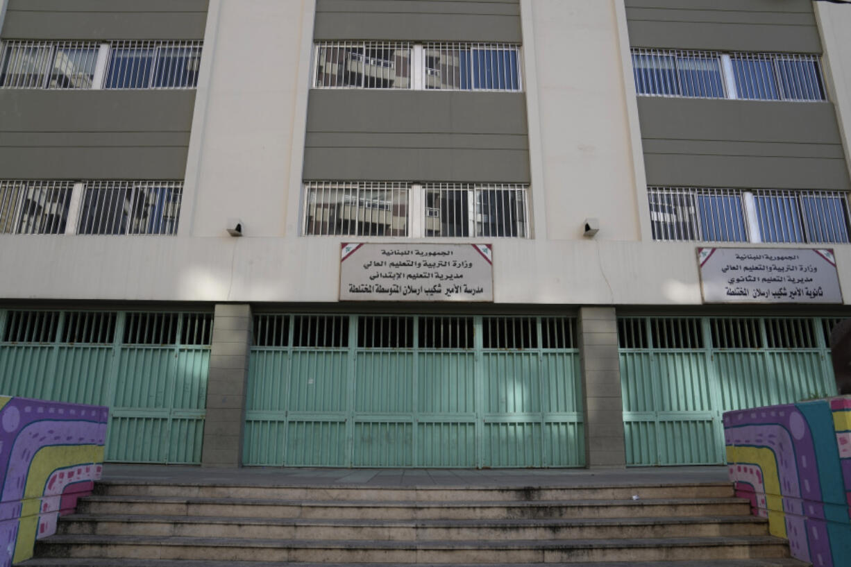 One of the biggest public school is seen closed n Beirut, Lebanon, Wednesday, March 1, 2023. Public schools have been open for fewer than 50 days this school year because teachers are on strike, protesting dramatic currency devaluations that slashed their salaries to about $20 a month.
