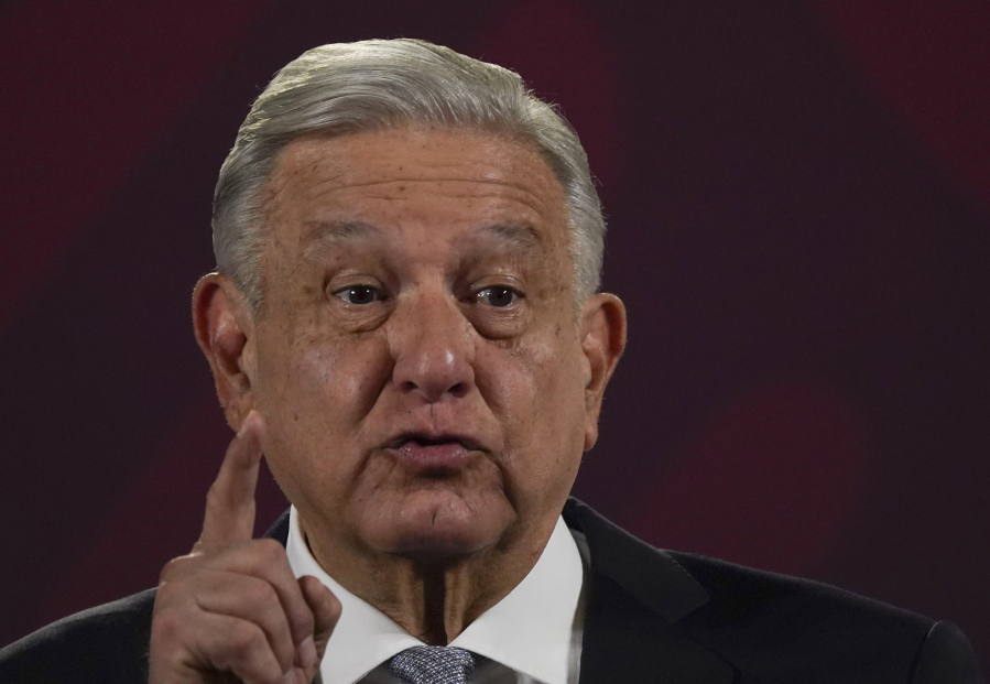 FILE - Mexican President Andres Manuel Lopez Obrador gives his regularly scheduled morning press conference at the National Palace in Mexico City, Feb. 28, 2023. Mexico's president claimed Monday, March 13, 2023 that his country is safer than the United States.