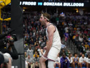 Gonzaga forward Drew Timme reacts after scoring a basket against TCU during the first half of a second-round college basketball game in the men's NCAA Tournament on Sunday, March 19, 2023, in Denver.