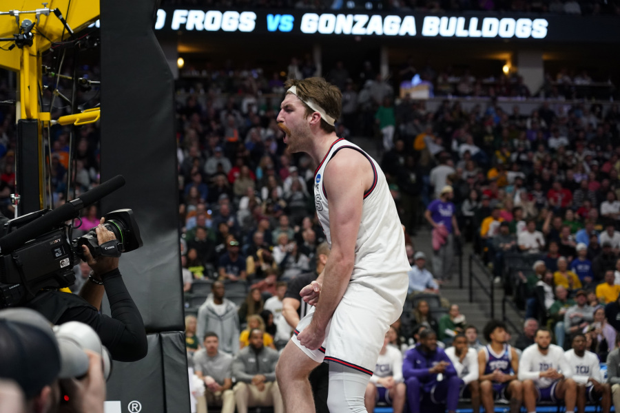 Gonzaga forward Drew Timme reacts after scoring a basket against TCU during the first half of a second-round college basketball game in the men's NCAA Tournament on Sunday, March 19, 2023, in Denver.