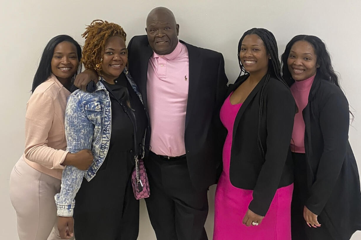 This photo provided by the family of Michael Hill in March 2023 shows, from left, Tawana Smith-Garner, Brittany Hill, Michael Hill, Shakita Dobbins and Ebony Smith. Michael Hill was one of six people killed on Monday, March 27, 2023, in the shooting at The Covenant School in Nashville, Tenn.