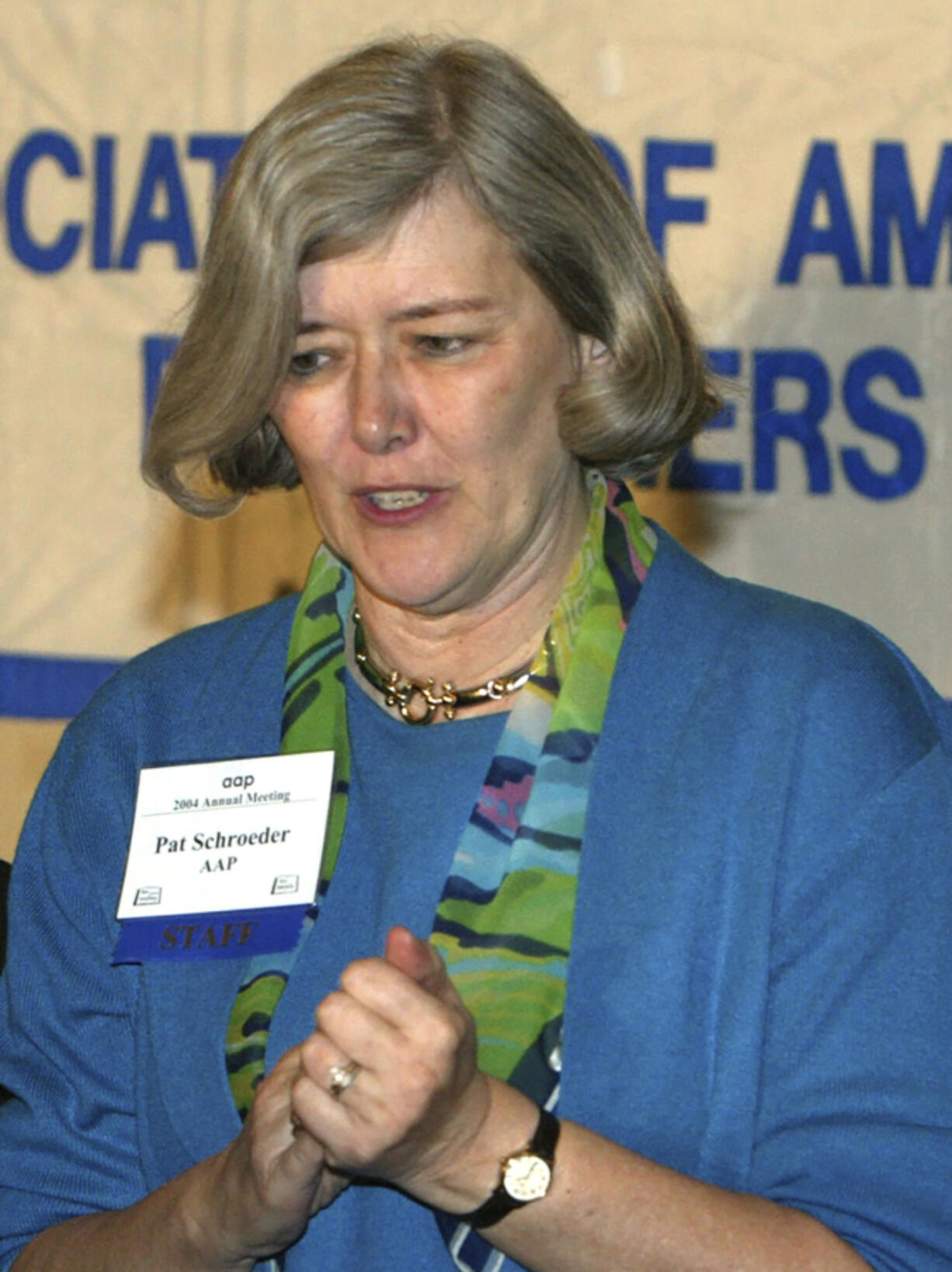 FILE - Association of American Publishers President Pat Schroeder attends the AAP's 2004 general annual meeting in Washington on Feb. 26, 2004. Schroeder, a former Colorado representative and pioneer for women's and family rights in Congress, died Monday night, March 13, 2023, at the age of 82. Schroeder's former press secretary, Andrea Camp, said Schroeder suffered a stroke recently and died at a hospital in Florida, the state where she had been residing.