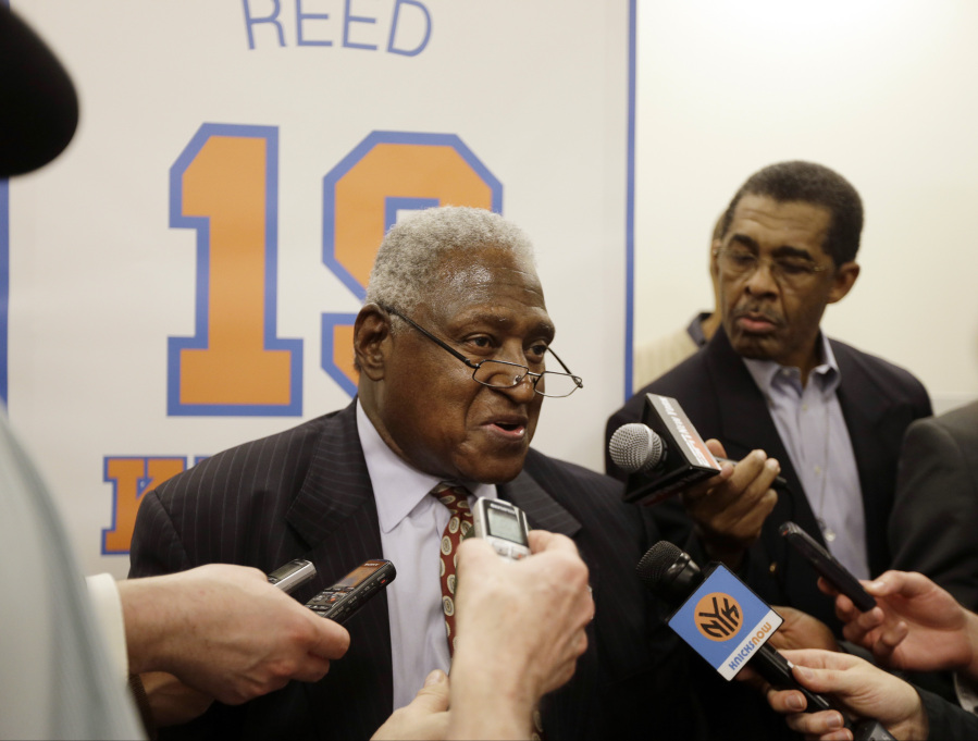 FILE - New York Knicks Hall-of-Famer Willis Reed responds to questions during an interview before an NBA basketball game between the Knicks and the Milwaukee Bucks, Friday, April 5, 2013, in New York. Willis Reed, who dramatically emerged from the locker room minutes before Game 7 of the 1970 NBA Finals to spark the New York Knicks to their first championship and create one of sports' most enduring examples of playing through pain, died Tuesday, March 21, 2023. He was 80. Reed's death was announced by the National Basketball Retired Players Association, which confirmed it through his family.