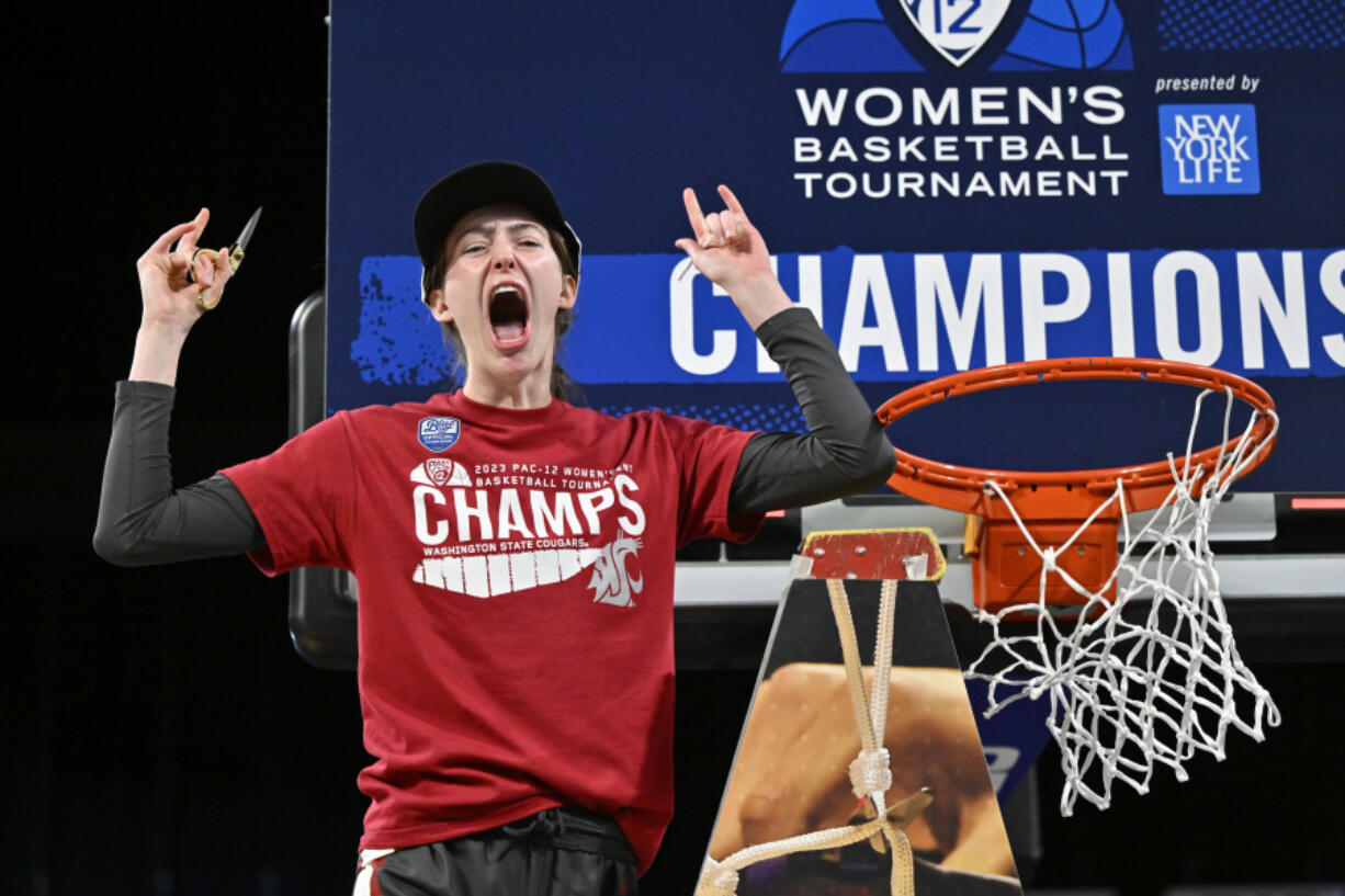 Washington State center Lauren Glazier celebrates after the team defeated UCLA in an NCAA college basketball game in the finals of the Pac-12 women's tournament Sunday, March 5, 2023, in Las Vegas.