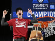 Washington State center Lauren Glazier celebrates after the team defeated UCLA in an NCAA college basketball game in the finals of the Pac-12 women's tournament Sunday, March 5, 2023, in Las Vegas.