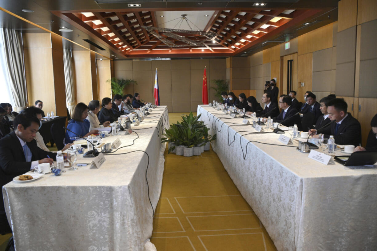 A general view of the Philippines-China Foreign Ministry consultation meeting at a hotel in Manila on Thursday March 23, 2023.(Ted Aljibe/Pool via AP)