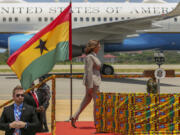 U.S. Vice President Kamala Harris smiles as she arrives in Accra, Ghana, Sunday March 26, 2023.