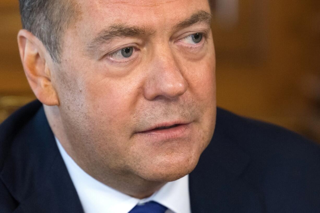 Russian Security Council Deputy Chairman and the head of the United Russia party Dmitry Medvedev speaks to the Russian media at the Gorki state residence, outside Moscow, Russia, Thursday, March 23, 2023.(Ekaterina Shtukina/Sputnik Pool Photo via AP)