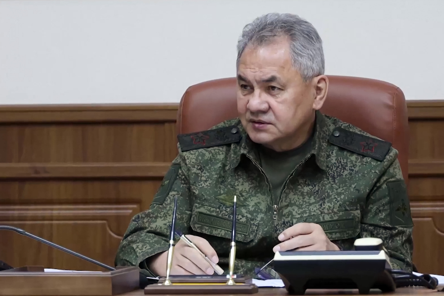 In this photo released by the Russian Defense Ministry Press Service on Saturday, March 4, 2023, Russian Defense Minister Sergei Shoigu speaks during a meeting with military commanders in Russia. Shoigu on Saturday held a meeting with the Deputy Defense Ministers at the headquarters of the joint group of troops and awarded soldiers with state decorations. The meeting took place after he inspected the command post of Russia's Eastern group of troops in Ukraine's eastern Donetsk region, the Defense Ministry said.