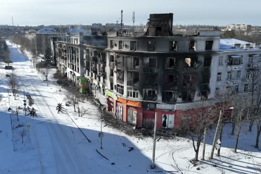FILE - video footage of Bakhmut shot from the air with a drone for The Associated Press on Monday, Feb. 13, 2023, shows how the longest battle of the year-long Russian invasion has turned the city of salt and gypsum mines in eastern Ukraine into a ghost town. The relentless Russian bombardment has reduced Bakhmut to smoldering wasteland with few buildings still standing intact as Russian and Ukrainian soldiers have fought ferocious house-to-house battles amid the ruins.