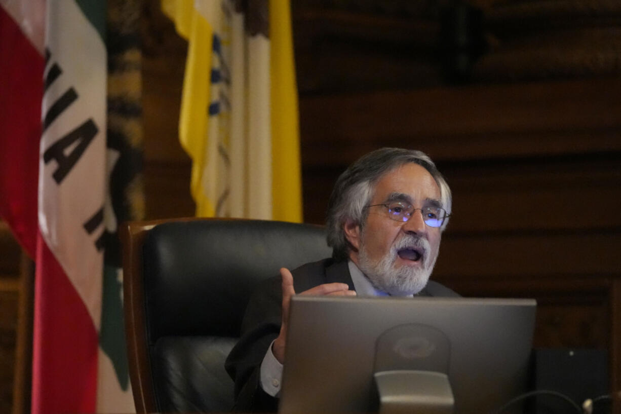Aaron Peskin, president of the San Francisco Board of Supervisors, speaks during a special Board of Supervisors hearing about reparations in San Francisco, Tuesday, March 14, 2023. Supervisors in San Francisco are taking up a draft reparations proposal that includes a $5 million lump-sum payment for every eligible Black person.