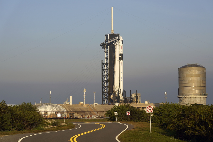 A SpaceX Falcon 9 rocket with the crew capsule Endeavour stands ready on pad 39A at the Kennedy Space Center in Cape Canaveral, Fla., Wednesday, March 1, 2023. The launch is scheduled for early Thursday morning.