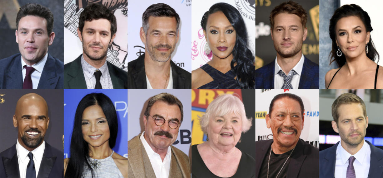 This combination of photos shows actors who have appeared on the daytime series "The Young and the Restless," top row from left, Kevin Alejandro, Adam Brody, Eddie Cibrian, Vivica A. Fox, Justin Hartley, Eva Longoria, bottom row from left, Shemar Moore, Victoria Rowell, Tom Selleck, June Squibb, Danny Trejo and Paul Walker.