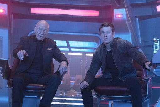This image released by Paramount+ shows Patrick Stewart as Picard, left, and Ed Speleers as Jack Crusher in the "No Win Scenario" episode of "Star Trek: Picard."  (Trae Patton/Paramount+ via AP)