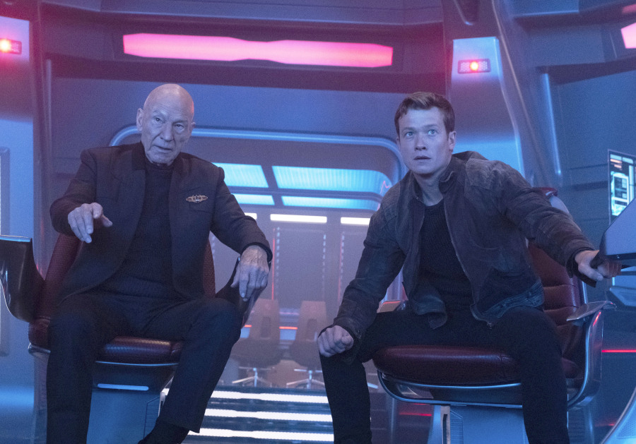 This image released by Paramount+ shows Patrick Stewart as Picard, left, and Ed Speleers as Jack Crusher in the "No Win Scenario" episode of "Star Trek: Picard."  (Trae Patton/Paramount+ via AP)