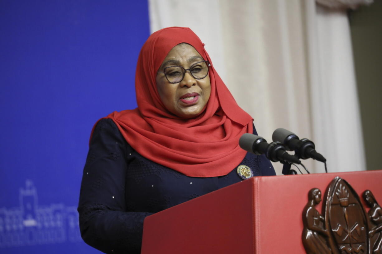 Tanzanian President Samia Suluhu Hassan gestures during a press conference with U.S. Vice President Kamala Harris (not seen) in Dar es Salaam, Tanzania, Thursday, March 30, 2023.