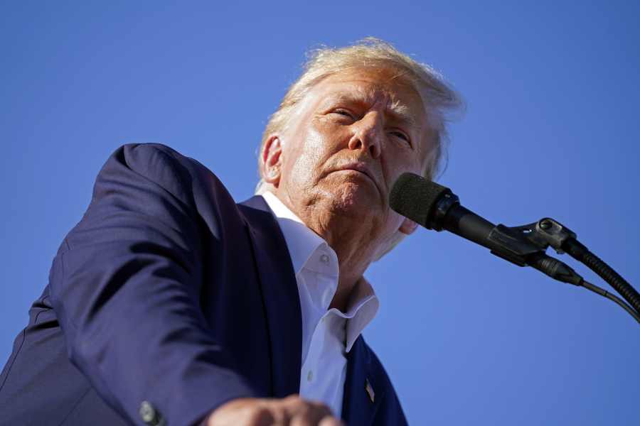 Former President Donald Trump speaks at a campaign rally at Waco Regional Airport, Saturday, March 25, 2023, in Waco, Texas.
