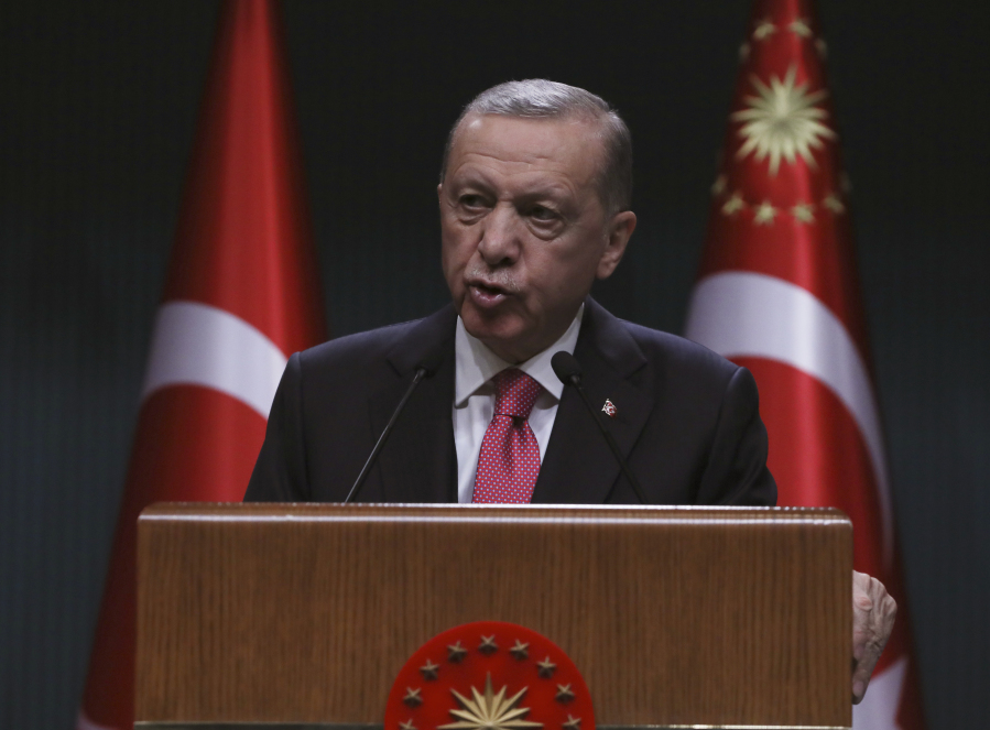 Turkey's President Recep Tayyip Erdogan speaks at his presidential palace, in Ankara, Turkey, Friday, March 10, 2022.