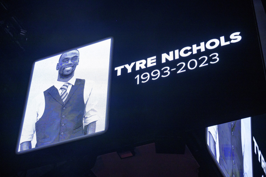 FILE - The screen at the Smoothie King Center in New Orleans honors Tyre Nichols before an NBA basketball game between the New Orleans Pelicans and the Washington Wizards, Jan. 28, 2023. Five former Memphis, Tenn., police officers were scheduled Friday, Feb. 17, to make their first court appearance on murder and other charges in the violent arrest and death of Nichols.