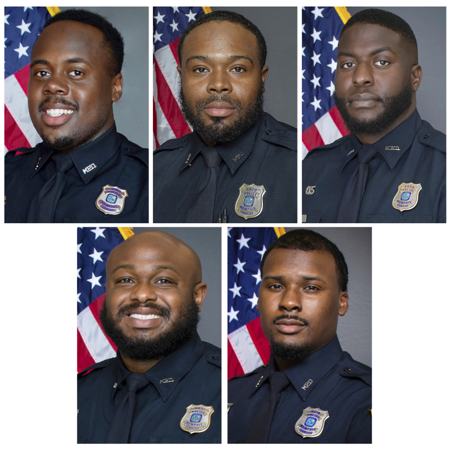 FILE - This combination of images provided by the Memphis, Tenn., Police Department shows, from top row from left, Police Officers Tadarrius Bean, Demetrius Haley, Emmitt Martin III, bottom row from left, Desmond Mills, Jr. and Justin Smith. A seventh Memphis Police Department employee was fired and another retired while he was recommended to lose his job for their roles in the fatal arrest of Tyre Nichols, a 29-year-old motorist who died three days after a brutal police beating in January.