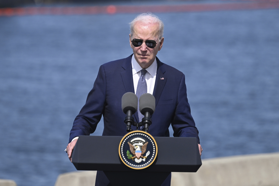US President Joe Biden attends a press conference after a trilateral meeting with Australian Prime Minister Anthony Albanese and British Prime Minister Rishi Sunak at Point Loma naval base in San Diego, US, Monday March 13, 2023, as part of Aukus, a trilateral security pact between Australia, the UK, and the US.