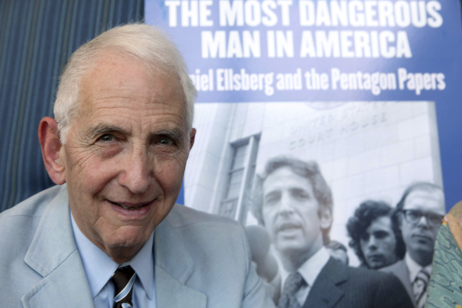 FILE - Daniel Ellsberg speaks during an interview in Los Angeles on Sept. 23, 2009. Ellsberg, who copied and leaked documents that revealed secret details of U.S. strategy in the Vietnam War and became known as the Pentagon Papers, has announced he has terminal cancer and months to live. Ellsberg posted on his Facebook page Thursday, March 2, 2023, that doctors diagnosed the 91-year-old with inoperable pancreatic cancer on Feb.