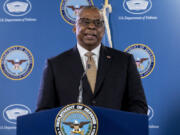 Secretary of Defense Lloyd Austin, speaks during a briefing with Chairman of the Joint Chiefs, Gen. Mark Milley at the Pentagon in Washington, Wednesday, March 15, 2023.