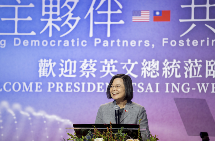 In this photo released by the Taiwan Presidential Office, Taiwan's President Tsai Ing-wen speaks during a dinner reception in New York, Thursday, March 30, 2023.
