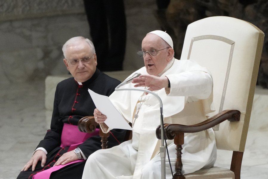 Pope Francis delivers his speech during an audience with pilgrims from Rho diocese, in the Paul VI Hall, at the Vatican, Saturday, March 25, 2023.