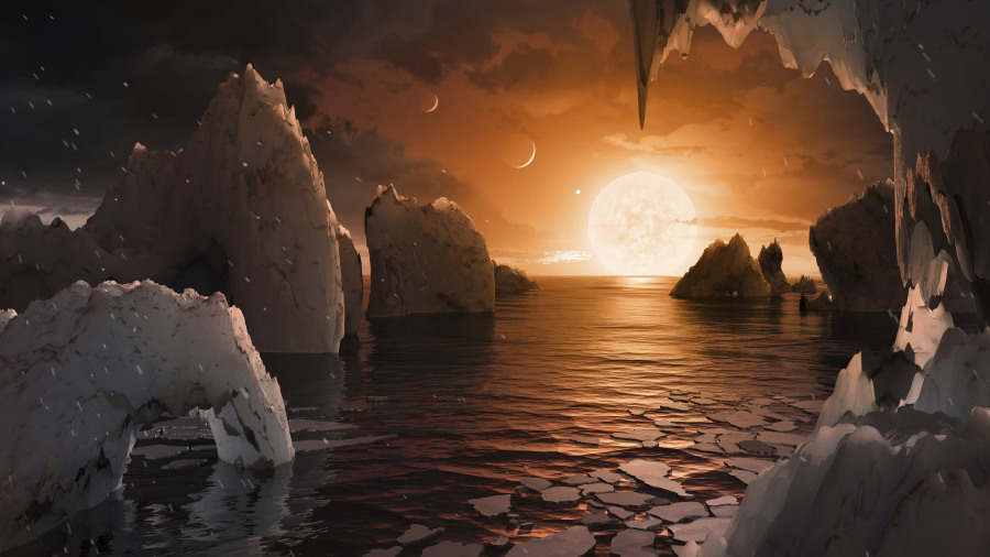 This image provided by NASA/JPL-Caltech shows an artist's conception of what the surface of the exoplanet TRAPPIST-1f may look like, based on available data about its diameter, mass and distances from the host star. The Webb Space Telescope has found no evidence of an atmosphere at one of the seven rocky, Earth-size worlds orbiting a nearby star. Scientists say that doesn't bode well for the rest of the planets in this solar system, some of which are in the sweet spot for harboring water and, therefore, life. In a study published Monday, March 27, 2023 a NASA-led team reported little if no atmosphere exists at the innermost planet in the Trappist system, 40 light-years away.