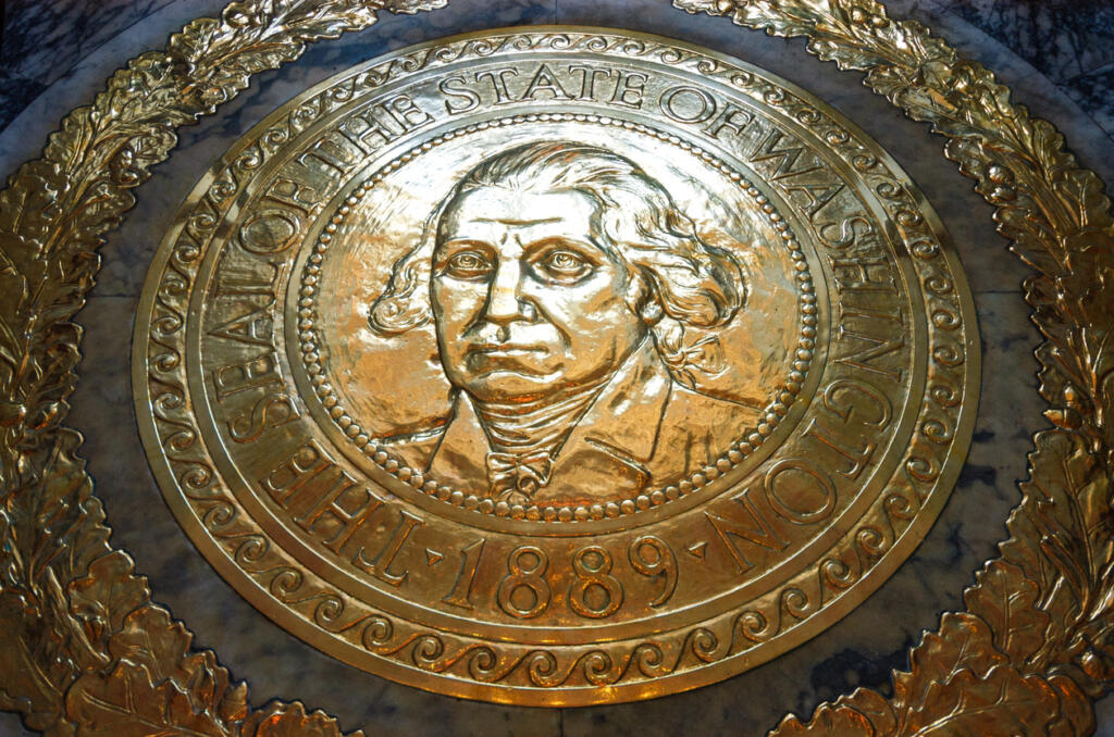 The state seal in the Washington State Capitol building in Olympia.