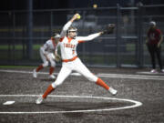 Battle Ground's Rylee Rehbein winds up to throw a pitch against Union on Wednesday, March 29, 2023, at Union High School.